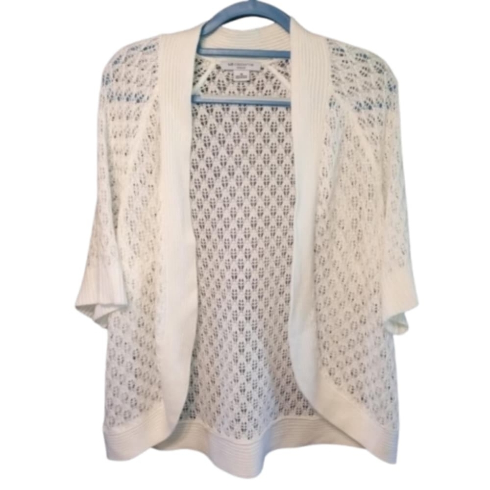 Liz Claiborne Short Sleeve White Open-Knit Cardigan